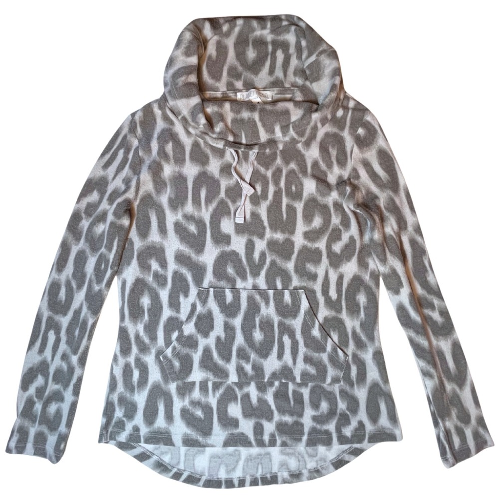 Gray Leopard Knit Pullover Cowl Neck Sweater Top M Loungewear Athleisure Cozy